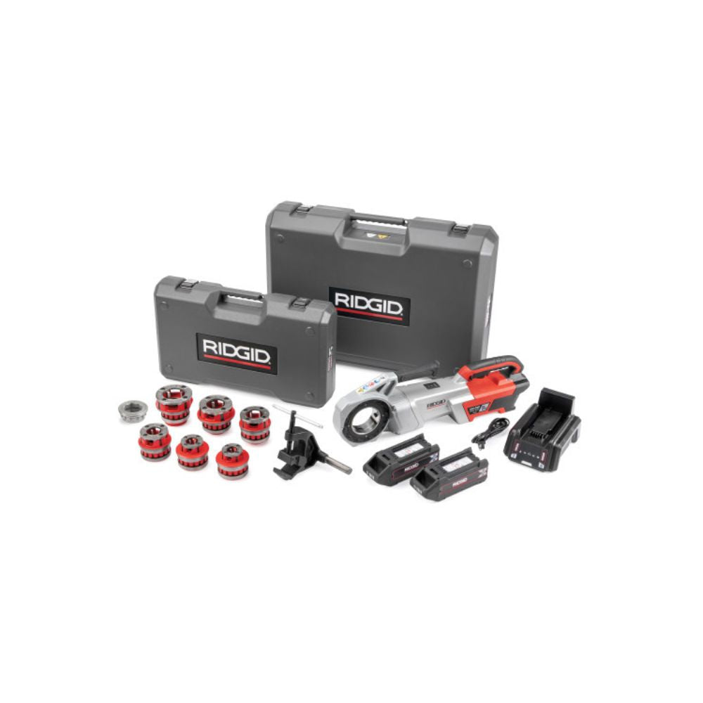 Ridgid 72023 760 FXP Power Drive (12-R), 2x 4Ah FXP Batteries, FXP Charger, 1/2-2" 12-R NPT Die Head Set, Support Arm, Case