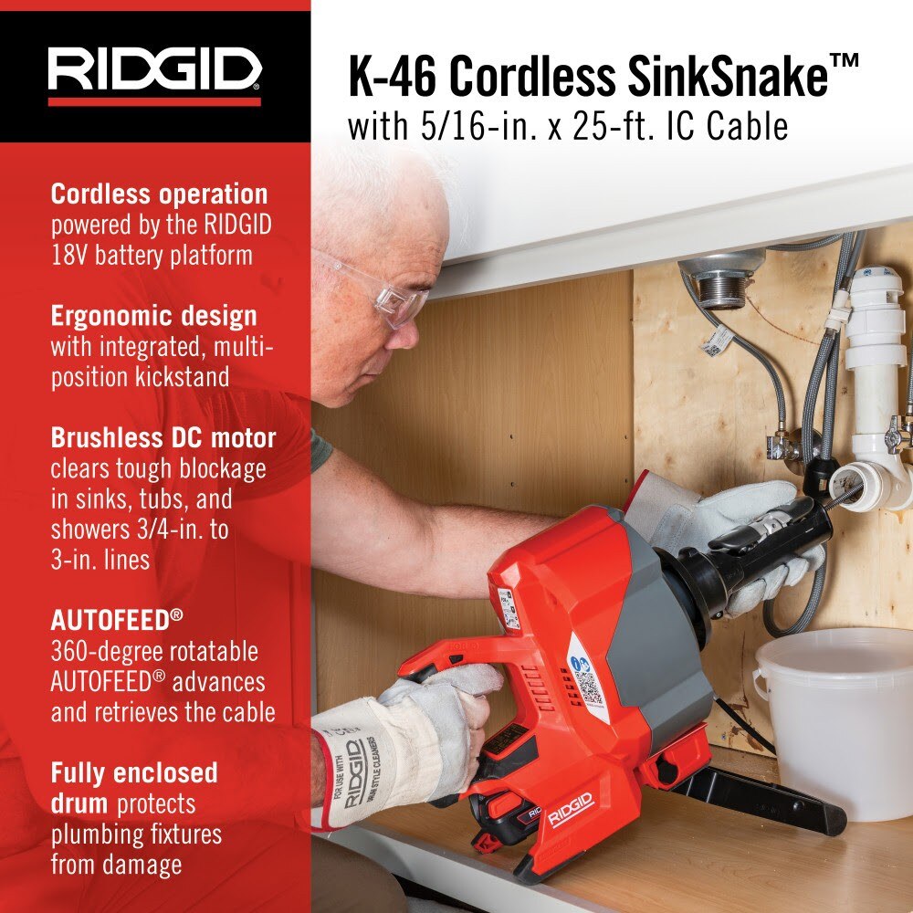 Ridgid 78058 K-46 Cordless SinkSnake Deluxe Kit with 5/16" x 25' Cable, 3/8" x 35' Cable, T-250 Tool Set, Carrying Case, 18V 2.5Ah Battery & Charger - 11